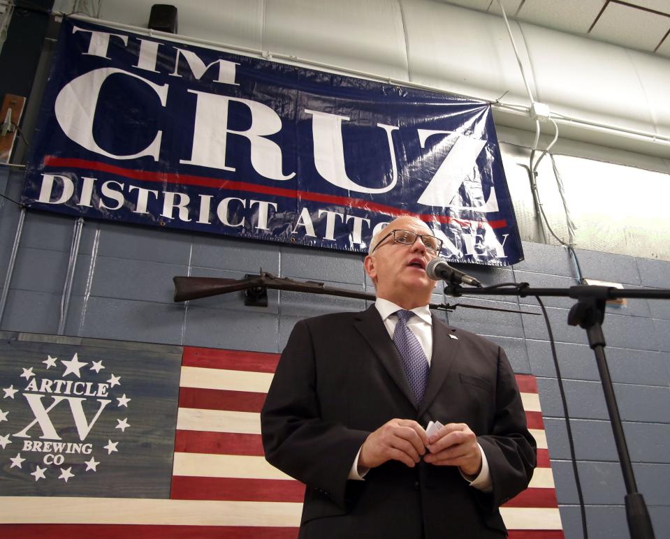 Plymouth County District Attorney Tim Cruz, who holds a commanding lead in his bid for re-election, speaks to supporters at the Article Fifteen Brewery Co. in Rockland, on Tuesday night, Nov. 8, 2022, thanking his staff and supporters for all their hard work and emphasizing the need to continue working together from all backgrounds to keep residents of Plymouth County safe.