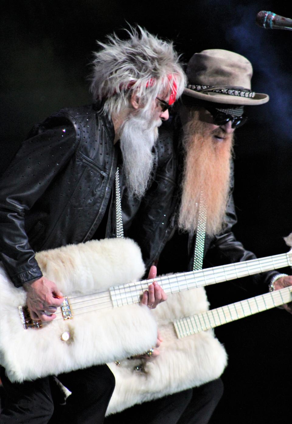 Bassist Elwood Francis, left, and Billy Gibbons broke out the fuzzy guitars for "Legs" during Tuesday's show at the Taylor County Coliseum. ZZ Top had not played in Abilene since 2015.