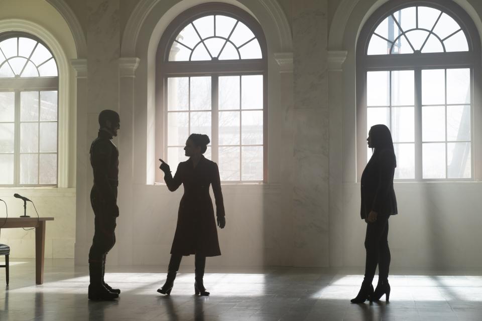 (L-R) Wyatt Russell, Julia Louis-Dreyfuss, and Gabrielle Byndloss in <i>The Falcon and the Winter Soldier</i><span class="copyright">Chuck Zlotnick—Marvel Studios</span>