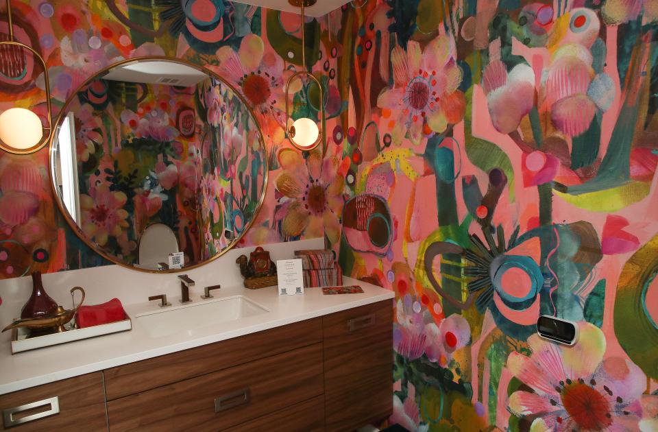 A brightly-colored bathroom at the Yoasis home in Palm Springs, Calif., Feb. 20, 2023.  The home at 2495 Yosemite Dr. is a featured home of Modernism Week.