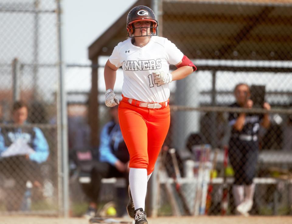 Gillespie's Emma Gipson approaches first base during a softball game against Stanford Olympia at University of Illinois Springfield on Saturday, March 30, 2024.