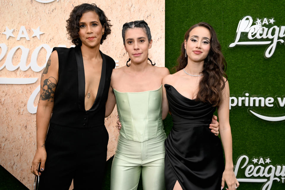 LOS ANGELES, CALIFORNIA - AUGUST 04: (L-R) Desta Tedros Reff, Executive Producer, Roberta Colindrez and Priscilla Delgado attend the official Los Angeles red carpet premiere & screening of 