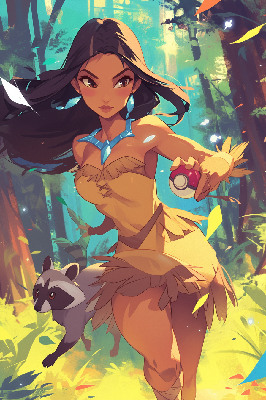 Illustration of Pocahontas as a Pokémon trainer with a Poké Ball and a raccoon companion in a forest setting