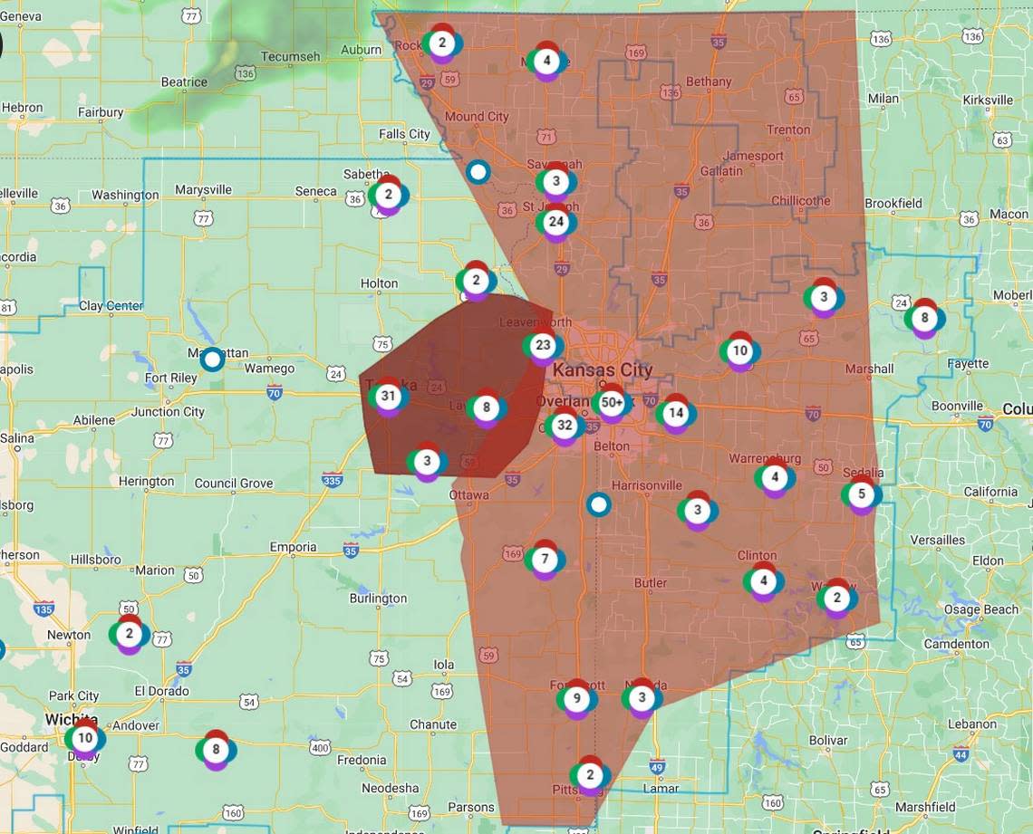 A view of Evergy’s power outage map at 4 p.m. Tuesday.