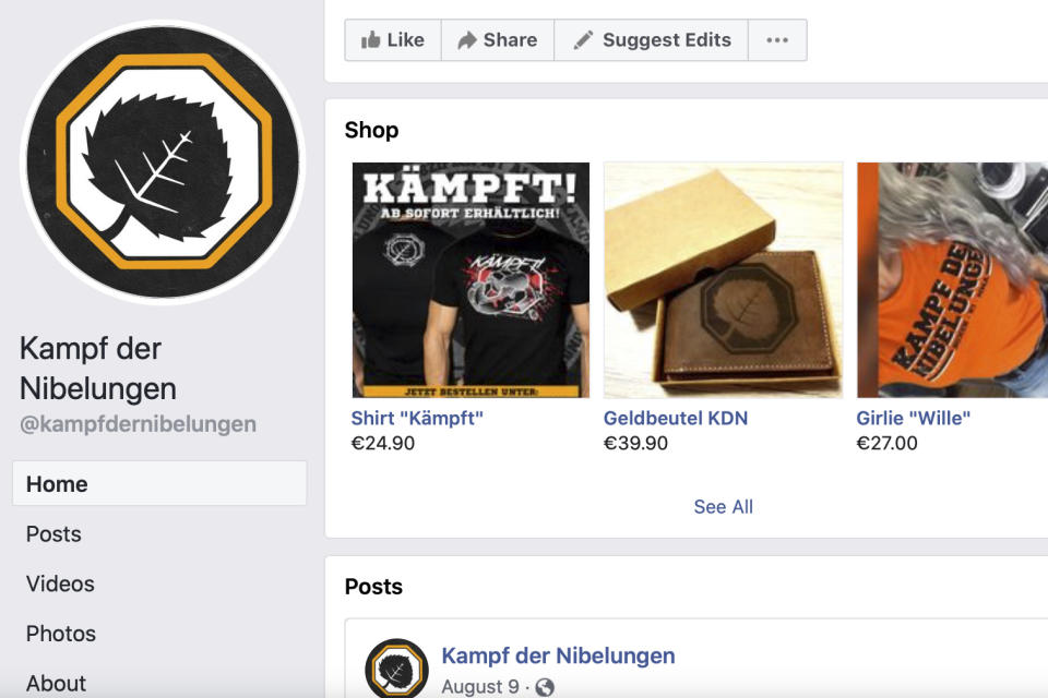 This image captured from the Battle of the Nibelungs Facebook page on Friday, Sept. 24, 2021 shows items for sale featuring the right-wing extremist group’s name and logo. The Battle of the Nibelungs, or Kampf der Nibelungen, is the premiere martial arts brand in Europe for right-wing extremists. German authorities have twice banned their signature tournament. But the group still maintains multiple pages on Facebook, Instagram and YouTube, which they use to spread their ideology, draw in recruits and make money. (AP Photo)