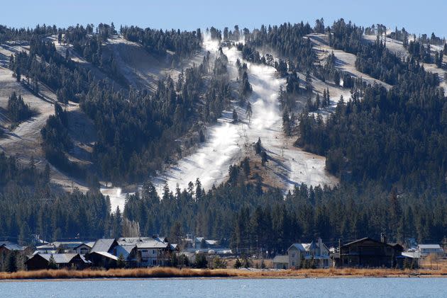 A photo shows the San Bernardino Mountains in Big Bear Lake, California.