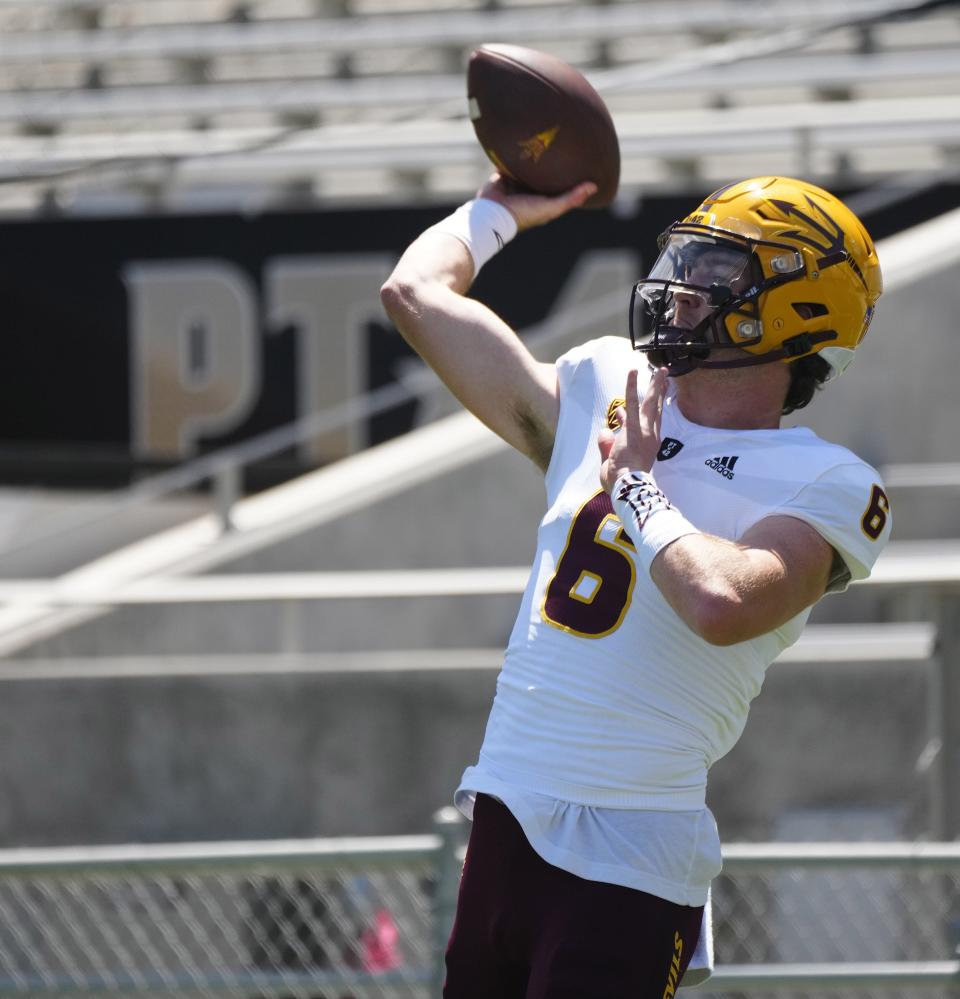 ASU quarterback Bennett Meredith (6) throws a pass during warmups before the Spring Game at Sun Devil Stadium in Tempe on April 15, 2023.