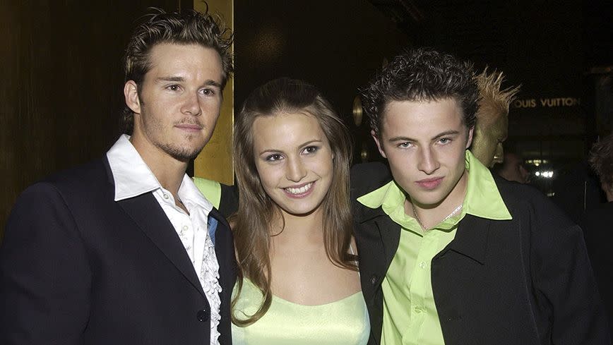 Christie at the Logies in 2002 with fellow 'Home and Away' stars Ryan Kwanten and Mitch Firth. Source: Getty