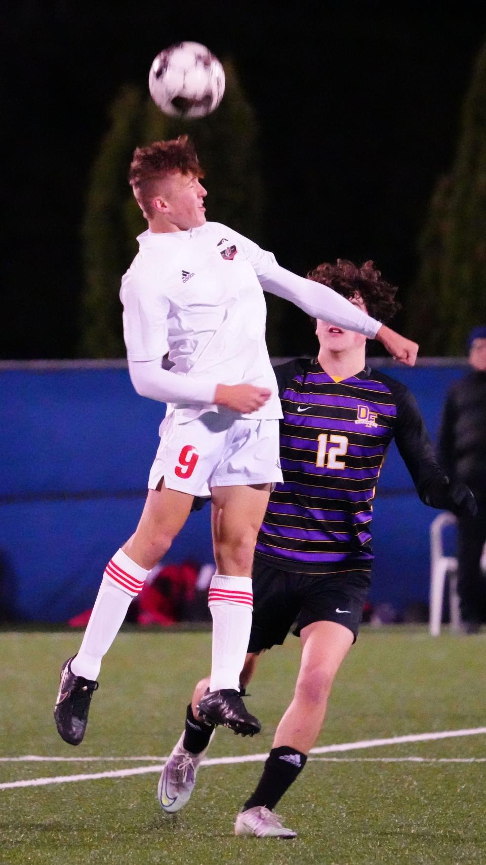 Union Grove's Niall Hagen elevates for a header against DeForest at Uihlein Soccer Park on Thursday.