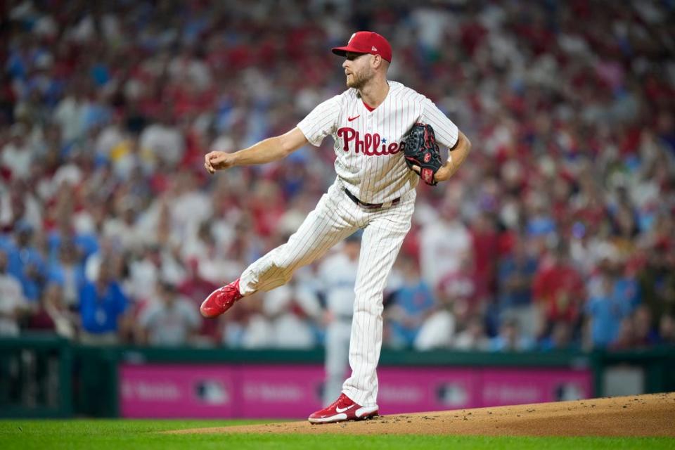 Philadelphia Phillies' Zack Wheeler plays during Game 1 in an NL wild-card baseball playoff series, Tuesday, Oct. 3, 2023, in Philadelphia. (AP Photo/Matt Slocum)