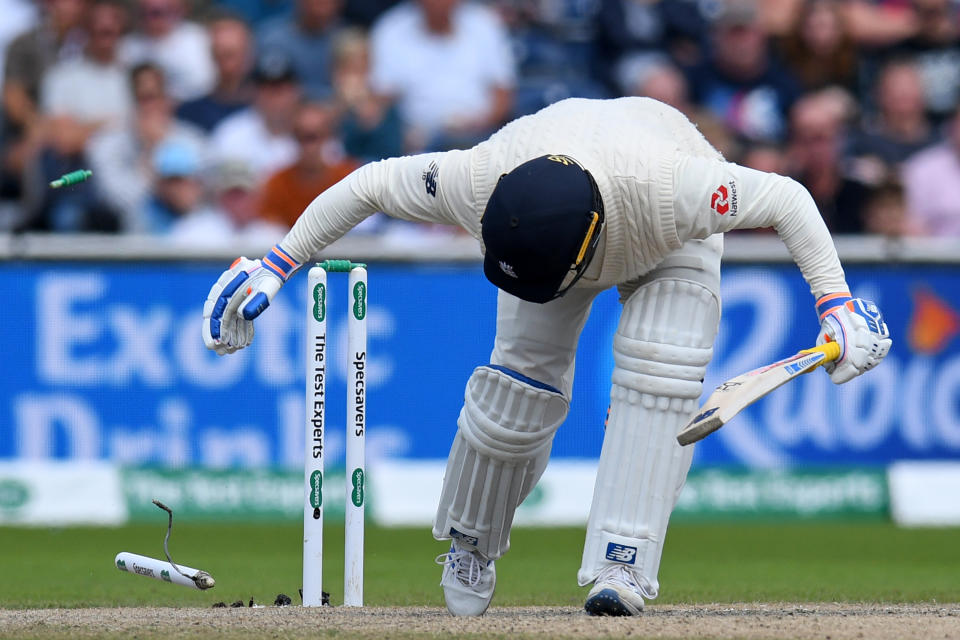 England's Jason Roy is bowled by Australia's Pat Cummins for 31 during play on the fifth day of the fourth Ashes cricket Test match between England and Australia at Old Trafford in Manchester, north-west England on September 8, 2019. (Photo by Oli SCARFF / AFP) / RESTRICTED TO EDITORIAL USE. NO ASSOCIATION WITH DIRECT COMPETITOR OF SPONSOR, PARTNER, OR SUPPLIER OF THE ECB        (Photo credit should read OLI SCARFF/AFP/Getty Images)