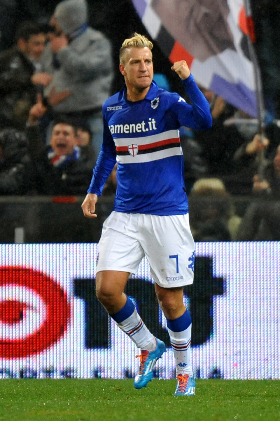 CORRECTS TEAM -- Sampdoria's Maxi Lopez, of Argentina, celebrates after he scored during a Serie A soccer match between Genoa and Sampdoria, in Genoa's Luigi Ferraris Stadium, Italy, Monday, Feb. 3, 2014. (AP Photo/Tano Pecoraro)