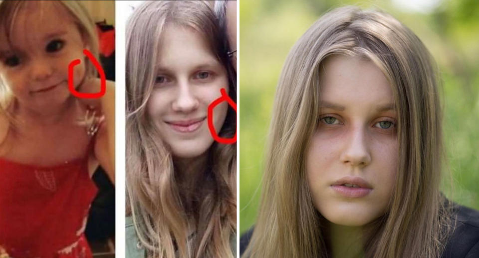 Left: Picture of Madeleine and Julia with a red circle highlighting a similar dimple on their left cheeks. Right: Julia poses for a headshot, looking somber with dark rings under her eyes.