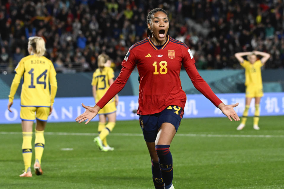 Spain's Salma Paralluelo celebrates after scoring her team's first goal during the Women's World Cup semifinal soccer match between Sweden and Spain at Eden Park in Auckland, New Zealand, Tuesday, Aug. 15, 2023. (AP Photo/Andrew Cornaga)