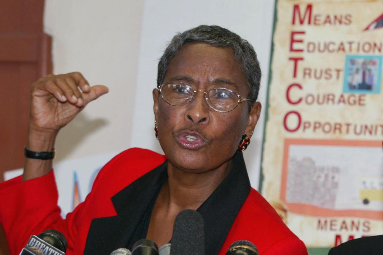 Jean McGuire, then executive director of METCO, speak at a news conference, Tuesday, Oct. 7, 2003, in Boston. McGuire, a 91-year-old civil rights activist, was stabbed multiple times while walking her dog in a Boston park on Tuesday night Oct. 11, 2022, according to the Suffolk District Attorney's office. 