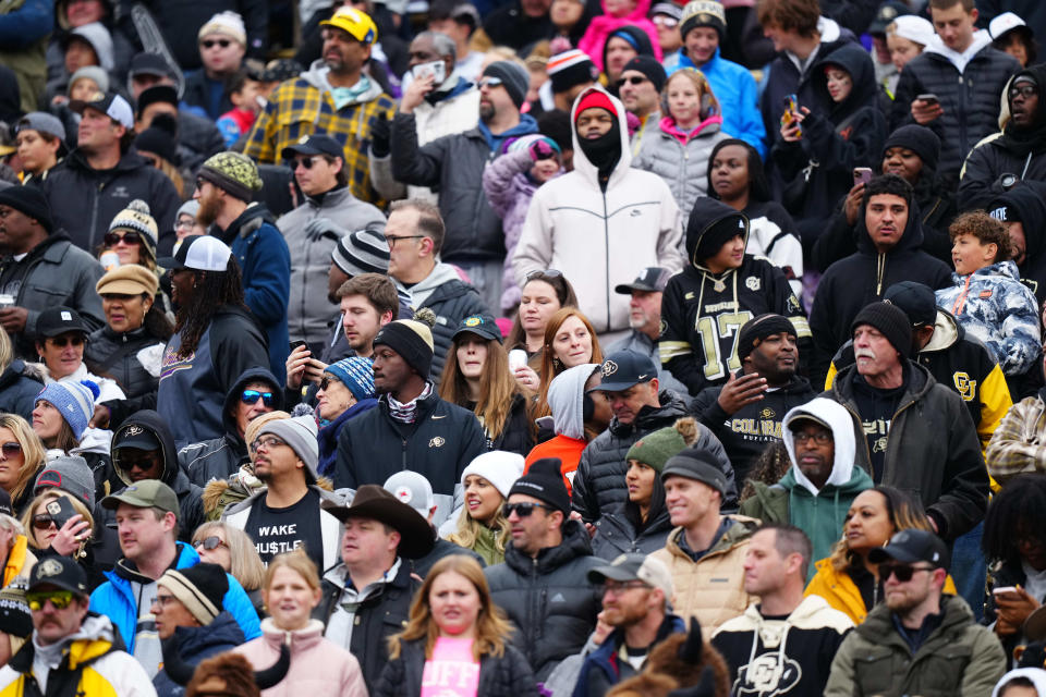 Apr 22, 2023; Boulder, CO, USA; Colorado Buffaloes fans during the first half of the spring game at Folsom Filed. Mandatory Credit: Ron Chenoy-USA TODAY Sports