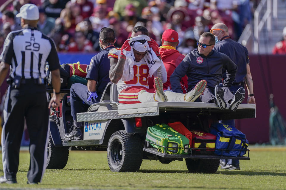 Kansas City Chiefs tight end Jody Fortson (88) is carted off the field with a non-contact injuring during the second half of an NFL football game against the Washington Football Team, Sunday, Oct. 17, 2021, in Landover, Md. (AP Photo/Alex Brandon)