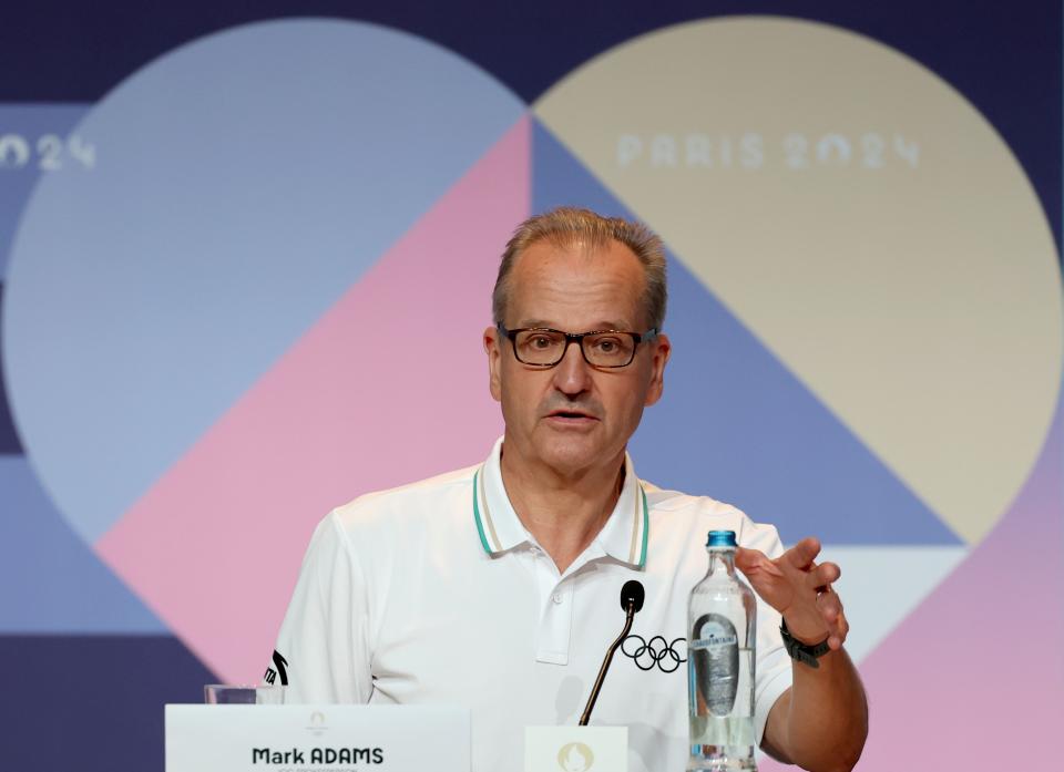 Mark Adams, IOC spokesperson, attends a daily IOC-Paris 2024 joint press briefing, which World Triathlon representatives attend for the postponement of men's triathlon, at the Main Press Centre during the Paris 2024 Olympic Games in Paris, France, on July 30, 2024. The Men's Triathlon, originally scheduled to take place at 08:00 on Tuesday, has been postponed and will take place at 10:45 on Wednesday, after the Women's Triathlon competition. (Photo by Li Ming/Xinhua via Getty Images)