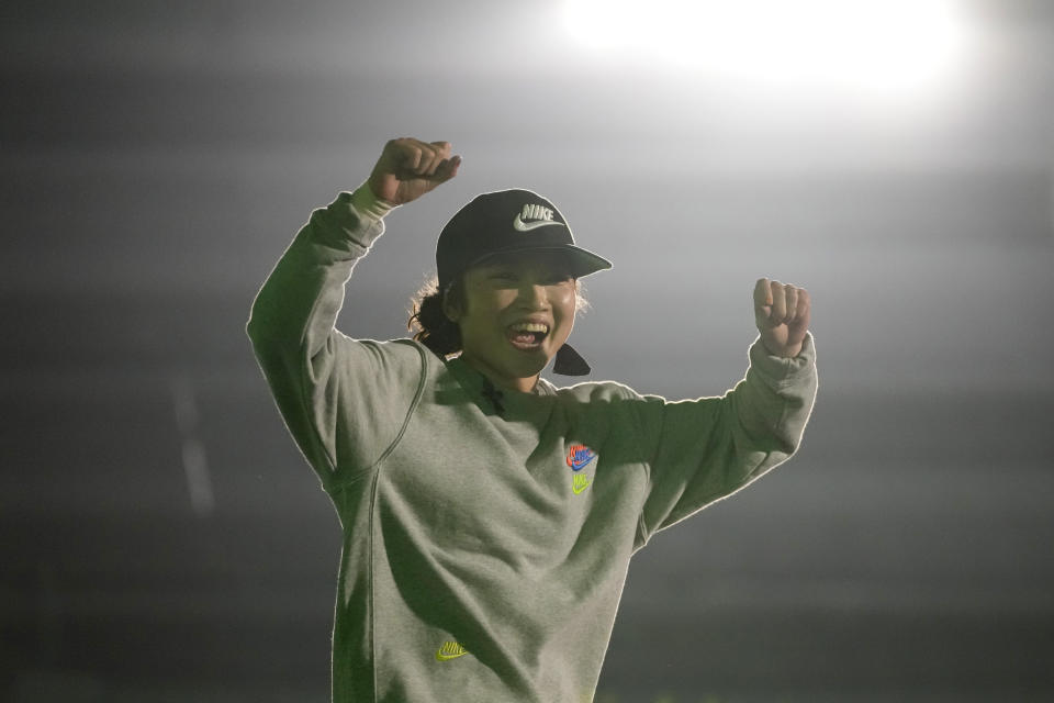 FILE - Ami Yuasa of Japan, known as B-girl Ami, celebrates after winning the 2022 World Breaking Championship in Seoul, South Korea, Saturday, Oct. 22, 2022. Breakdancing will make its debut as an Olympic sport at the 2024 Paris Olympics. (AP Photo/Lee Jin-man, File)