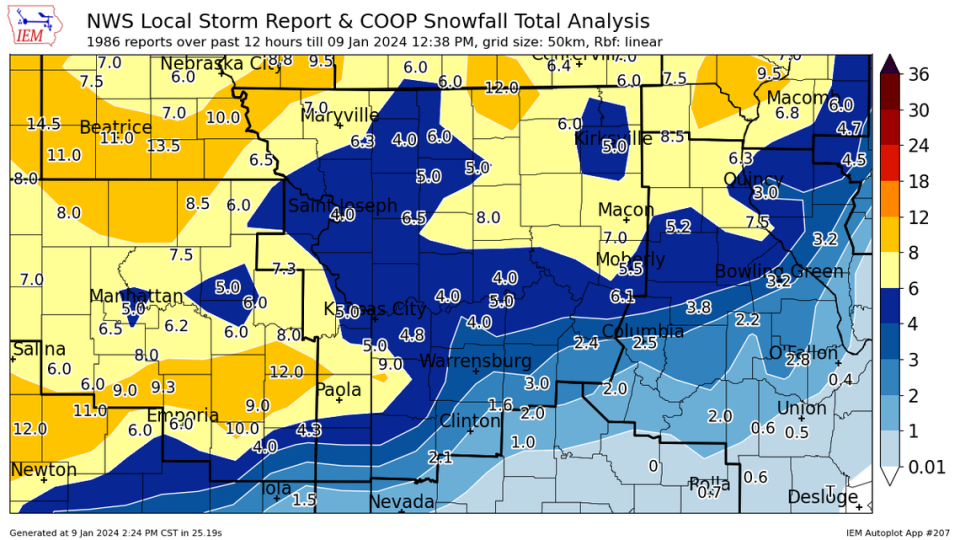 The first major winter storm of 2024 is coming to an end across the Kansas City area, leaving behind between 4 and 6 inches of snow across the metro, according to a map of an analysis of snowfall totals reported to the National Weather Service. Some areas reported higher snowfall totals, like 9 inches in Raymore, Missouri.