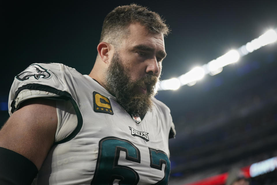 FILE - Philadelphia Eagles center Jason Kelce (62) walks off the field after an NFL football game against the New York Giants, Sunday, Jan. 8, 2024, in East Rutherford, N.J. Eagles center Jason Kelce has told teammates he intends to retire after 13 NFL seasons, according to three people informed of the decision. They spoke to the AP on condition of anonymity Tuesday, Jan. 16, 2024, out of respect for Kelce's decision, which has not yet been made public. (AP Photo/Bryan Woolston, File)