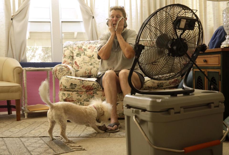 A woman sits on a couch and closes her eyes with a towel on her face as her pet dog nips at her feet