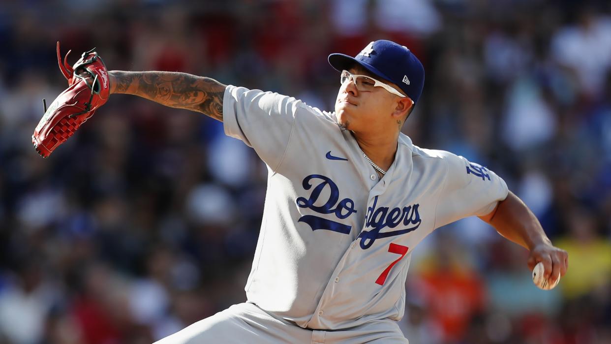 Los Angeles Dodgers' Julio Urias plays against the Boston Red Sox during the first inning of a baseball game, Saturday, Aug. 26, 2023, in Boston. (AP Photo/Michael Dwyer)