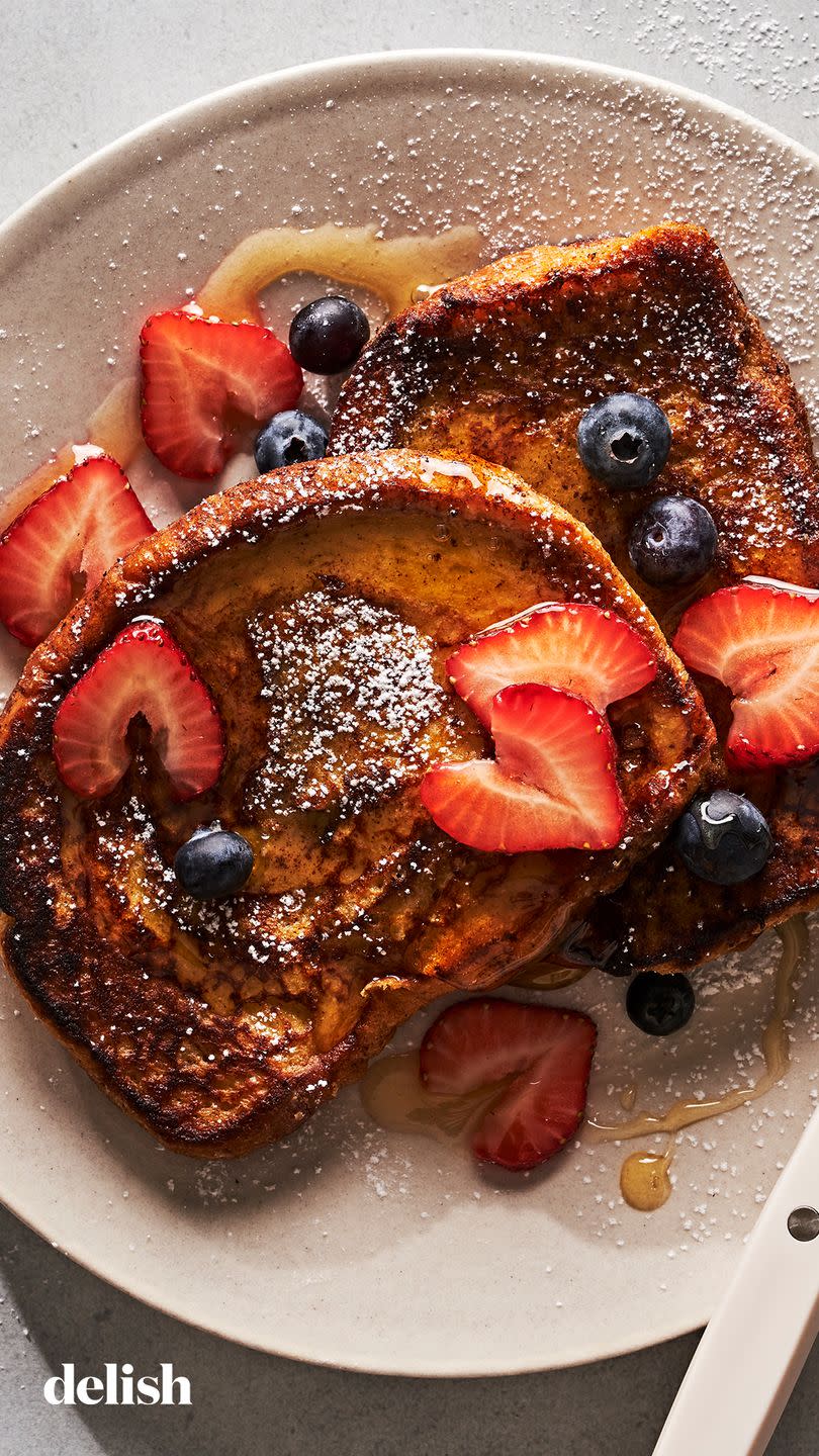 <p><a href="https://www.delish.com/cooking/recipe-ideas/g2973/50-most-delish-french-toasts/" rel="nofollow noopener" target="_blank" data-ylk="slk:French toast;elm:context_link;itc:0;sec:content-canvas" class="link ">French toast</a> is already a pretty decadent <a href="https://www.delish.com/breakfast-ideas/" rel="nofollow noopener" target="_blank" data-ylk="slk:breakfast;elm:context_link;itc:0;sec:content-canvas" class="link ">breakfast</a>, but we’ve got a way to make it extra luxurious: thick-sliced cinnamon twist brioche. Topped with fresh berries, sweet syrup, and a little dusting of <a href="https://www.delish.com/cooking/a38302812/what-is-powdered-sugar/" rel="nofollow noopener" target="_blank" data-ylk="slk:confectioners' sugar;elm:context_link;itc:0;sec:content-canvas" class="link ">confectioners' sugar</a>, this will make any morning special.<br><br>Get the <strong><a href="https://www.delish.com/cooking/recipe-ideas/a42164002/brioche-french-toast-recipe/" rel="nofollow noopener" target="_blank" data-ylk="slk:Brioche French Toast recipe;elm:context_link;itc:0;sec:content-canvas" class="link ">Brioche French Toast recipe</a></strong>.</p>