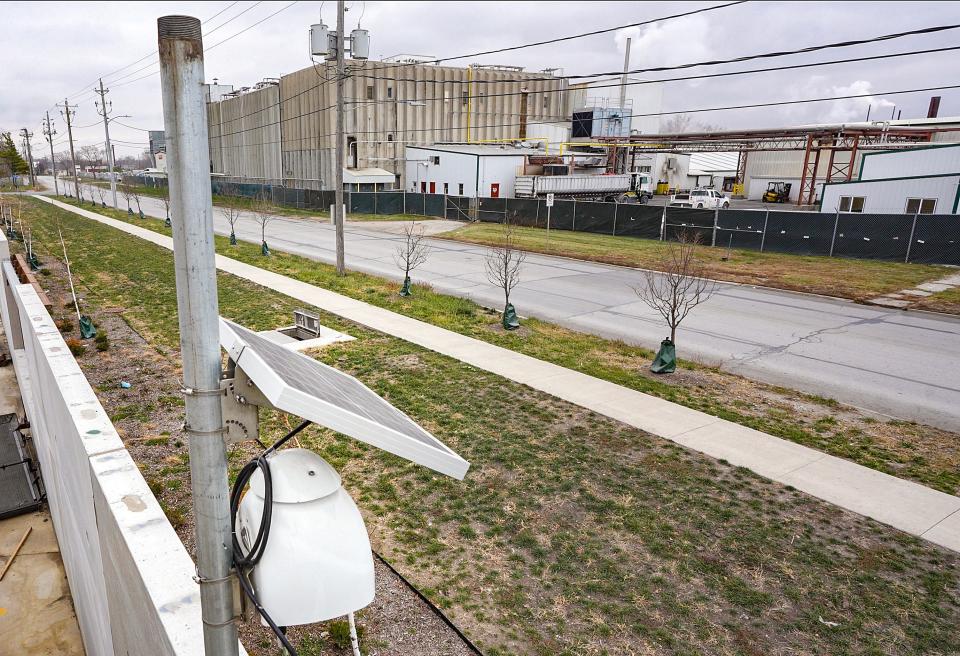 An odor monitoring system has been mounted to a wall of the Municipal Service Center across from the Pine Ridge Farms processing facility in Des Moines.