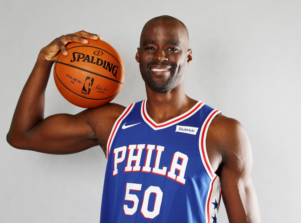CAMDEN, NJ - SEPTEMBER 25: Emeka Okafor #50 of the Philadelphia 76ers poses for a portrait during the Philadelphia 76ers Media Day on September 25, 2017 at the Philadelphia 76ers Training Complex in Camden, New Jersey.NOTE TO USER: User expressly acknowledges and agrees that, by downloading and/or using this photograph, user is consenting to the terms and conditions of the Getty Images License Agreement. 