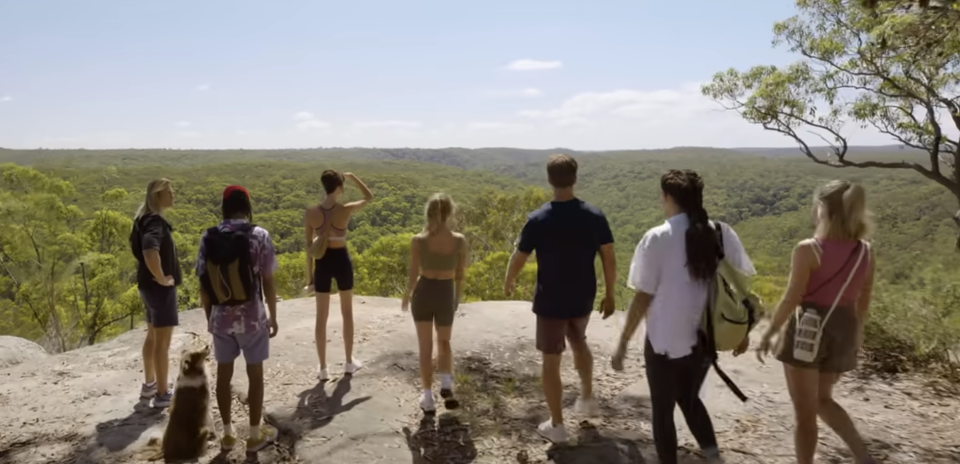 Group of seven people and a dog standing at a lookout point, overlooking a vast forest landscape