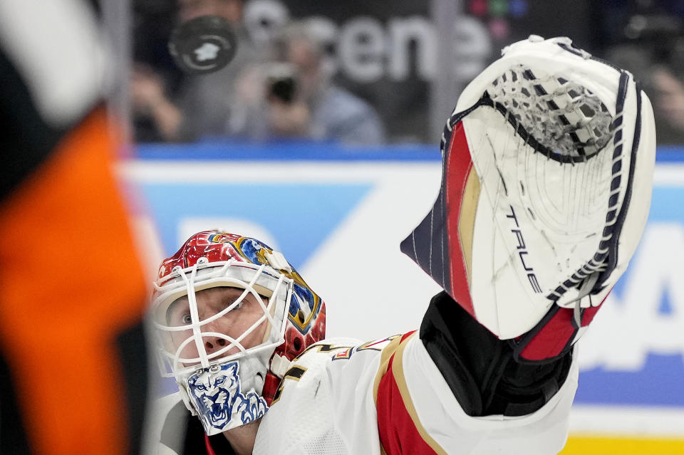 Florida Panthers goaltender Sergei Bobrovsky (72) prepares to make a glove save during the second period of Game 1 of an NHL hockey Stanley Cup second-round playoff series against the Toronto Maple Leafs in Toronto, Tuesday, May 2, 2023. (Frank Gunn/The Canadian Press via AP)