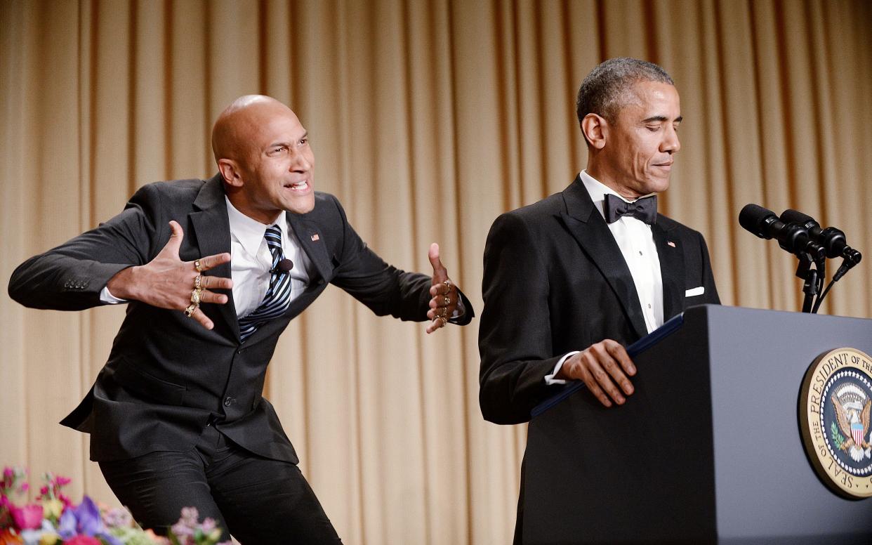 Barack Obama with Keegan-Michael Key as his 'anger translator' at the 2015 White House Correspondents Dinner - Copyright (c) 2015 Rex Features. No use without permission.