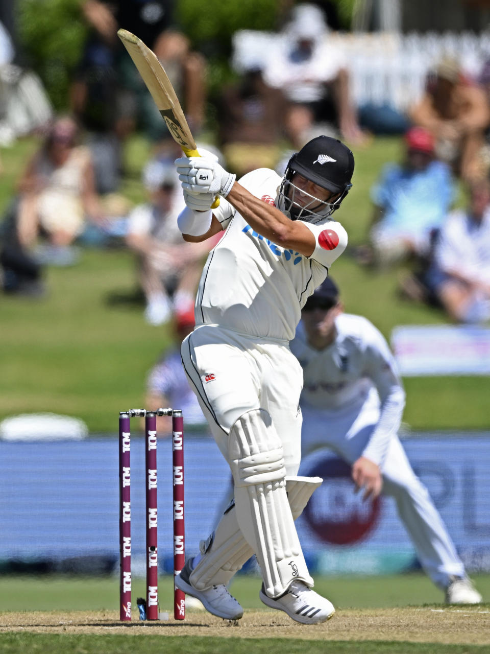 New Zealand's Neil Wagner bats against England on the second day of their cricket test match in Tauranga, New Zealand, Friday, Feb. 17, 2023. (Andrew Cornaga/Photosport via AP)