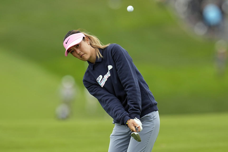 Michelle Wie West chips to the sixth green during the second round of the U.S. Women's Open golf tournament at the Pebble Beach Golf Links, Friday, July 7, 2023, in Pebble Beach, Calif. (AP Photo/Darron Cummings)