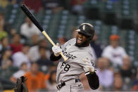 Chicago White Sox's Luis Robert reacts to being hit by a pitch against the Detroit Tigers in the third inning of a baseball game in Detroit, Monday, Sept. 20, 2021. (AP Photo/Paul Sancya)