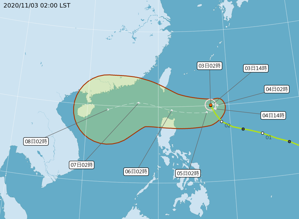 閃電颱風今晨2時位置在鵝鑾鼻東南東方740公里海面上，目前呈現滯留打轉，氣象局估之後往西通過巴士海峽附近機率較高，時間則落在周四晚到周五，不排除有發海警的可能！（圖片來源：氣象局，下同）