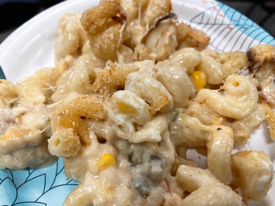 Brian Leigh's macaroni and cheese recipe has pickled jalapeños, roasted cauliflower, corn and many types of cheese.