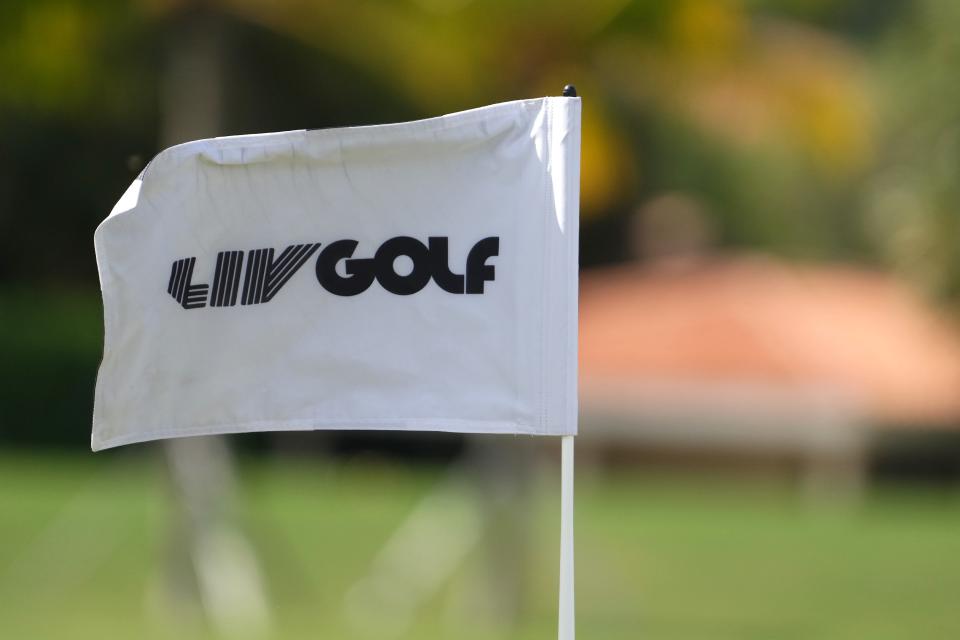 A general view of the pin flag on the 16th green during the season finale of the LIV Golf series at Trump National Doral.