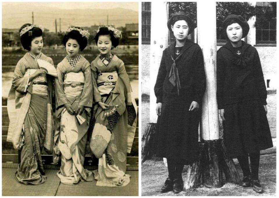 <p>À esquerda, garotas que se tornaram gueixas. À direita, estudantes de direito em Fukuoka, pioneiros no uso desse tipo de uniformes. <i>(Tumblr/Wikimedia).</i></p>