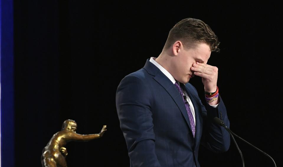 Dec 14, 2019; New York, NY, USA; LSU's Joe Burrow is announced as this year's Heisman Trophy winner during the Heisman Trophy Award Show. Mandatory Credit: Todd Van Emst/Heisman Trust/Pool Photo via USA TODAY Sports