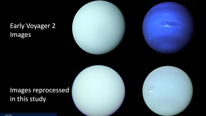 According to findings from a newly published Oxford University study, Uranus, left, and Neptune, right, are actually closer in color, bottom, than early images taken by Voyager 2, top, and released in the 1980s suggested.