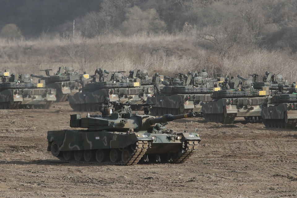 A South Korean army's K1A2 tank moves during a military exercise in Paju, South Korea, near the border with North Korea, Wednesday, March 17, 2021. In North Korea's first comments directed at the Biden administration, Kim Jong Un's powerful sister Kim Yo Jong on Tuesday warned the United States to "refrain from causing a stink" if it wants to "sleep in peace" for the next four years. (AP Photo/Ahn Young-joon)