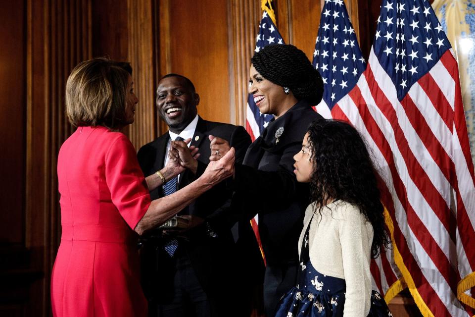 <p>Rep. Ayanna Pressley and Rep. Nancy Pelosi.</p>