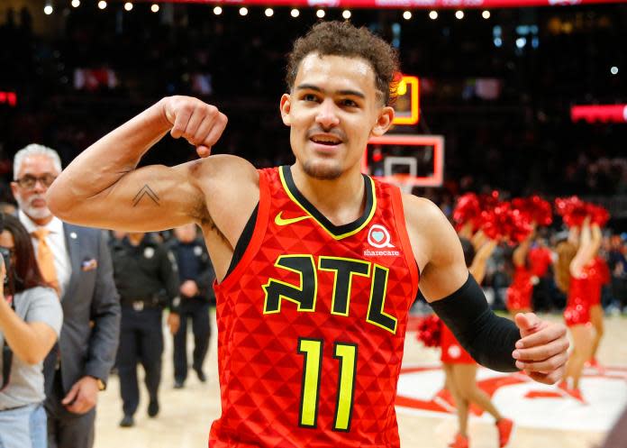 ▲老鷹「少主」Trae Young(崔·楊)狂轟48分11助攻7籃板，寫下多項紀錄，其中超齡得分是繼「詹皇」LeBron James後首人。（圖／美聯社／達志影像）