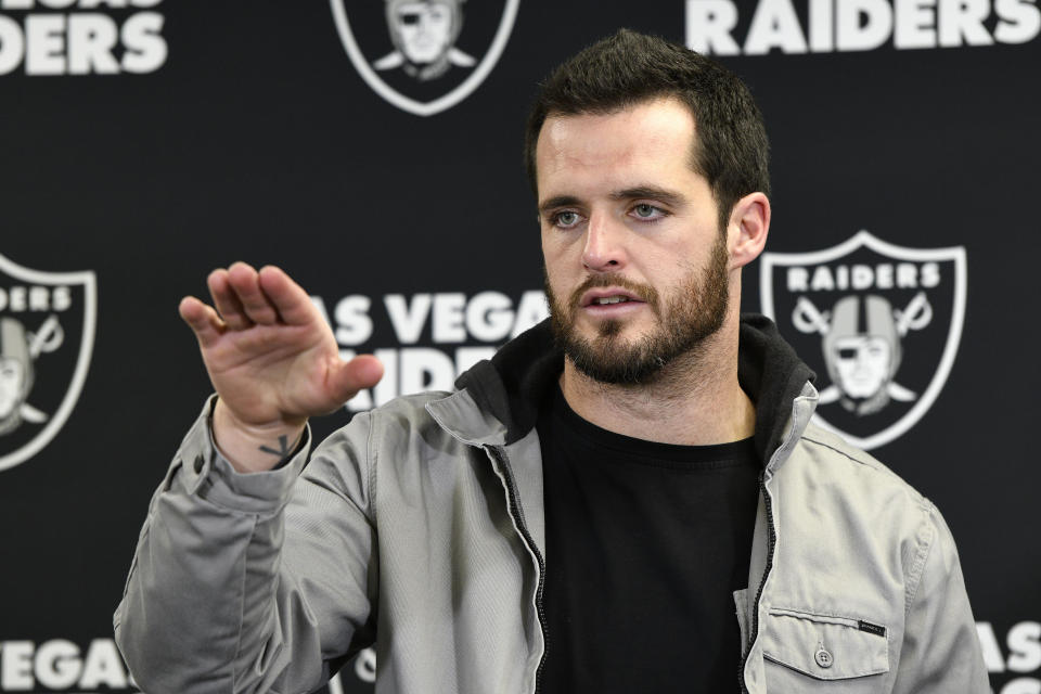 FILE - Las Vegas Raiders quarterback Derek Carr meets with reporters after an NFL football game against the Pittsburgh Steelers in Pittsburgh, Saturday, Dec. 24, 2022. Former Raiders quarterback Derek Carr has agreed to a four-year contract with the New Orleans Saints, two people familiar with the agreement said Monday, March 6, 2023. (AP Photo/Don Wright, File)