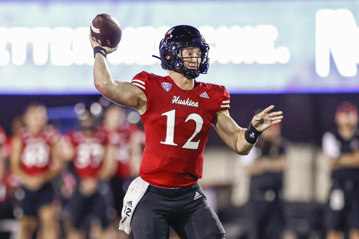 Northern Illinois Huskies quarterback Rocky Lombardi looks to pass the ball against the Eastern Illinois Panthers during the second half of an NCAA football game on Thursday, Sept. 1, 2022, in DeKalb, Ill. (AP Photo/Kamil Krzaczynski)