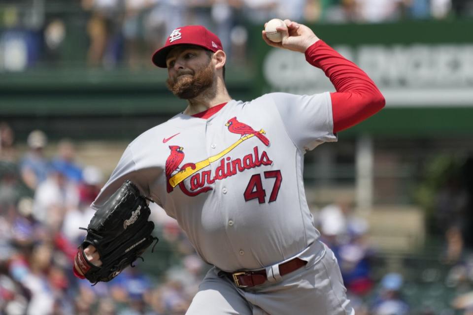 St.  Louis Cardinals starting pitcher Jordan Montgomery throws against the Chicago Cubs.