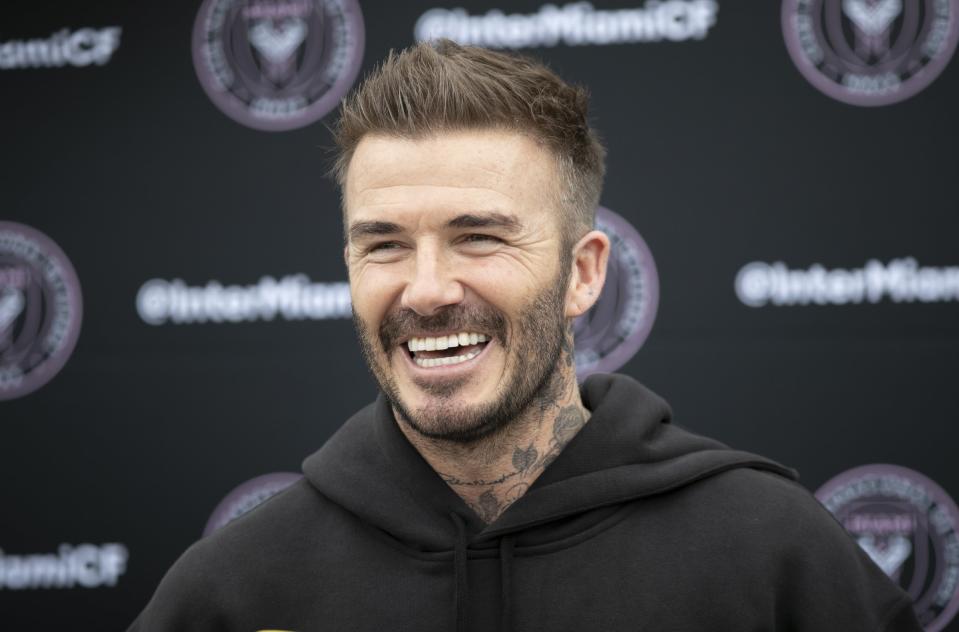 David Beckham speaks with the media as he visits the Inter Miami CF team at Inter Miami Stadium and Training Complex in Fort Lauderdale, Fla., on Tuesday, Feb. 25, 2020. (Photo by Al Diaz/Miami Herald/TNS/Sipa USA)