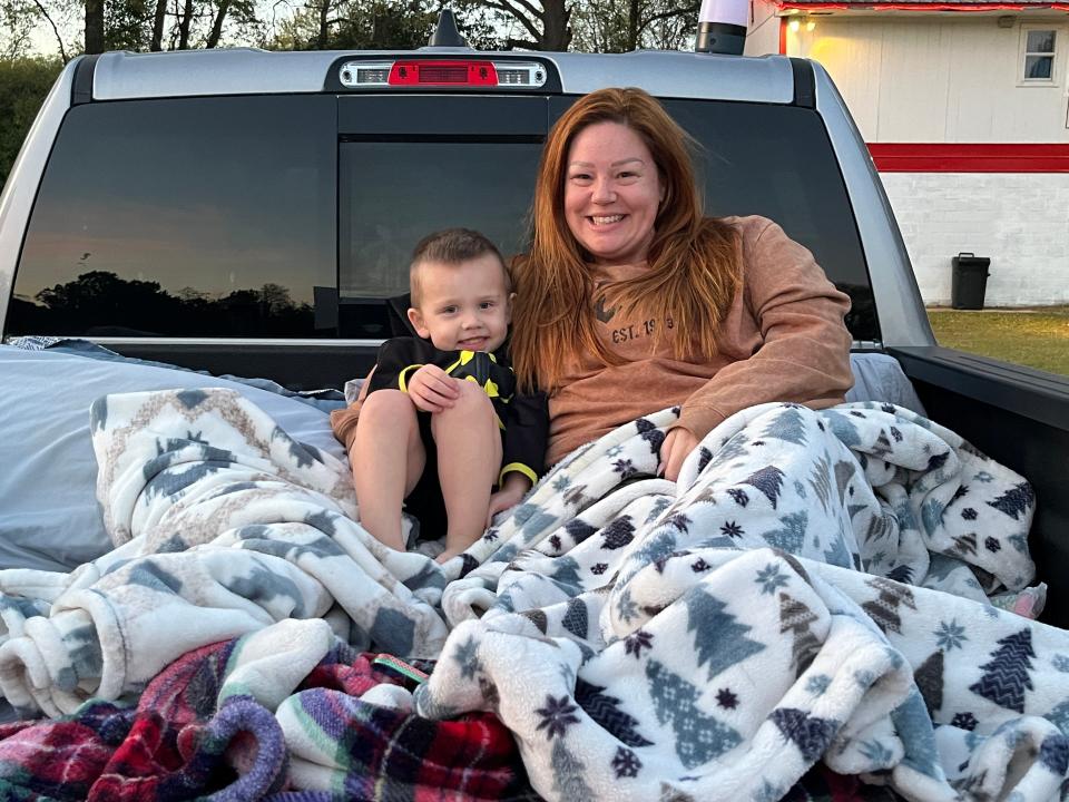 Ciera Padilla and her son Miles, 3, enjoy an evening at the Monetta Drive-In Theatre, also known as "The Big Mo," in Monetta, S.C. on Friday, March 29, 2024.